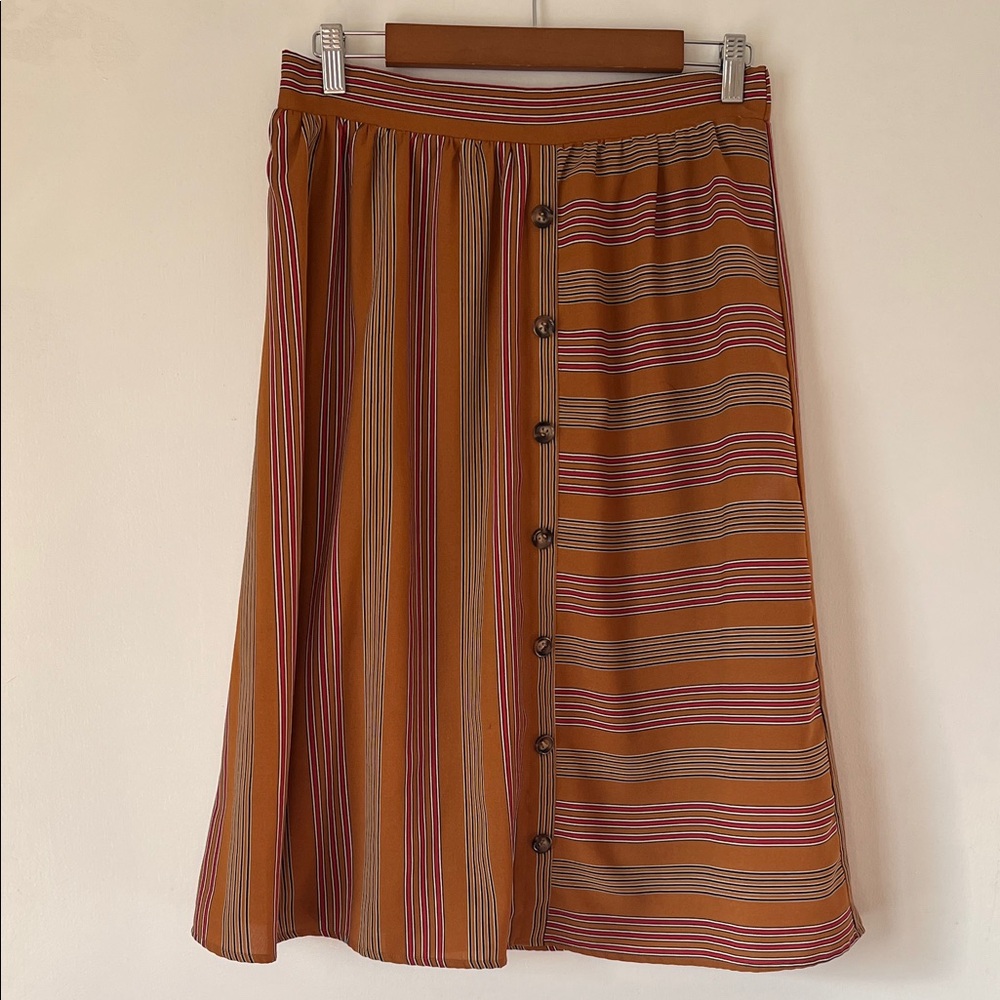 Roolee Mustard Striped Button-Front Midi Skirt